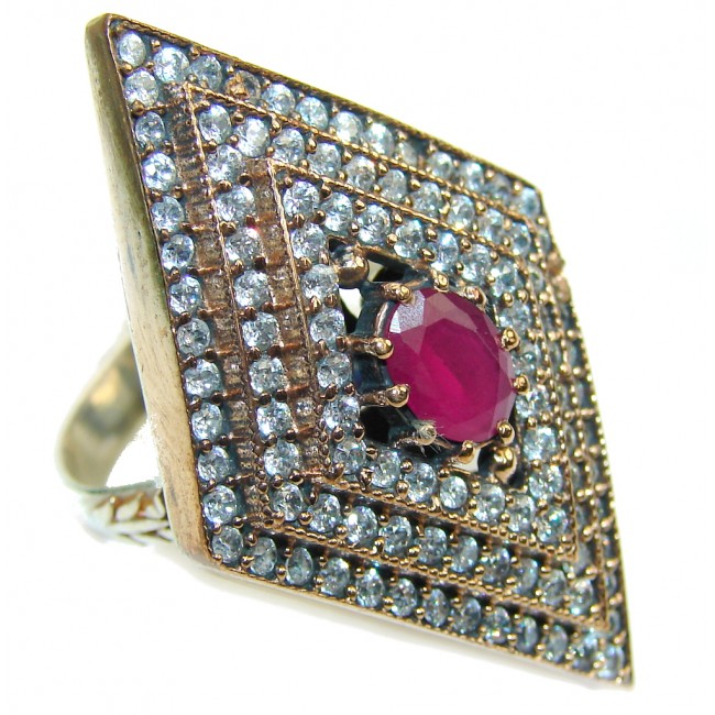 Victorian Style Red Ruby & White Topaz Sterling Silver Ring s. 9 1/4
