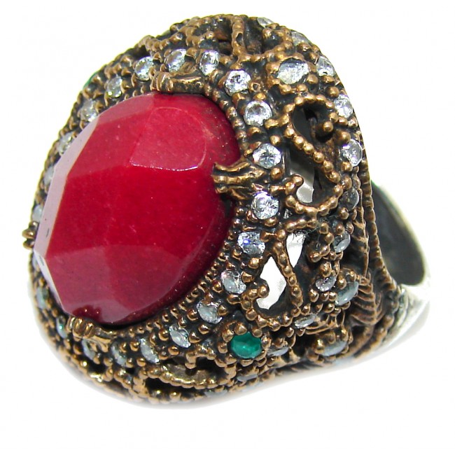 Victorian Style Red Ruby & White Topaz Sterling Silver Ring s. 8