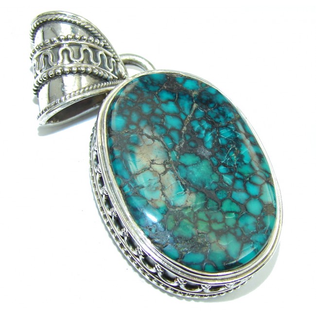 Outstanding AAA Black Spider Web Blue Turquoise Sterling Silver Pendant