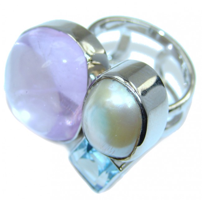 Stunning Design Purple Amethyst & Blister Pearl Sterling Silver Ring s. 8 - adjustable