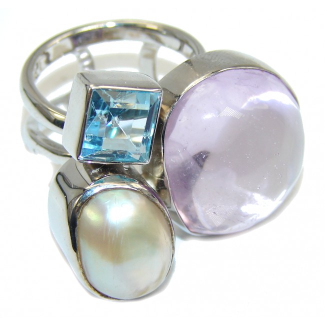 Stunning Design Purple Amethyst & Blister Pearl Sterling Silver Ring s. 8 - adjustable