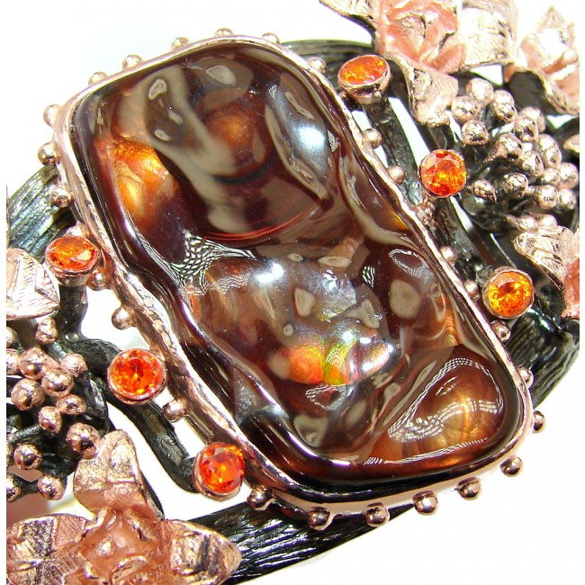 Bohemian Style Large & Beautiful AAA Fire Agate Rose Gold Rhodium plated Sterling Silver Bracelet / Cuff