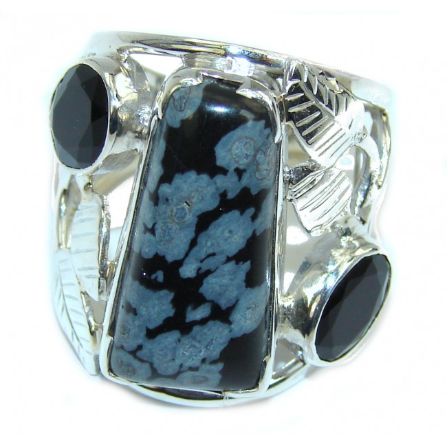 Excellent Black Snowflake Obsidian Sterling Silver ring s. 9