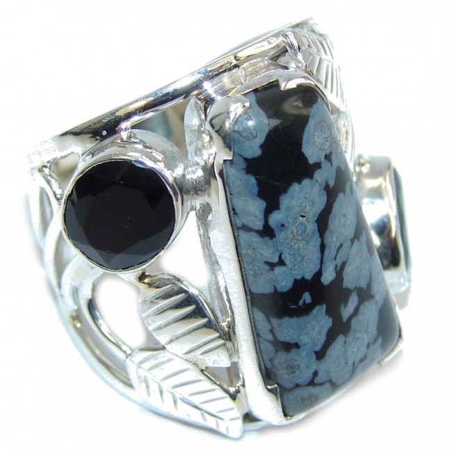 Excellent Black Snowflake Obsidian Sterling Silver ring s. 9
