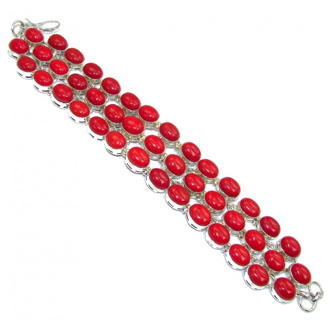 Large Precious Red Fossilized Coral Sterling Silver Bracelet