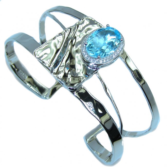 Stunning Natural Blue Topaz & White Topaz Sterling Silver Bracelet / Cuff