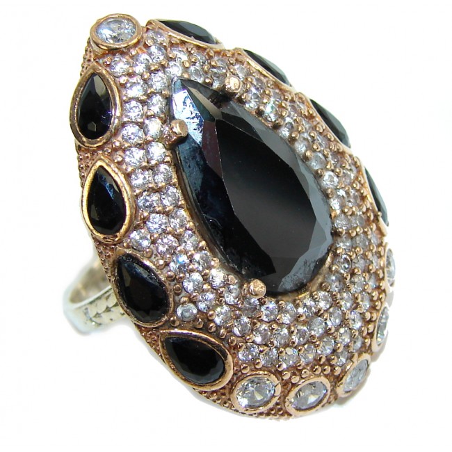 Victorian Style! Black Spinel & White Topaz Sterling Silver ring; 7 1/4