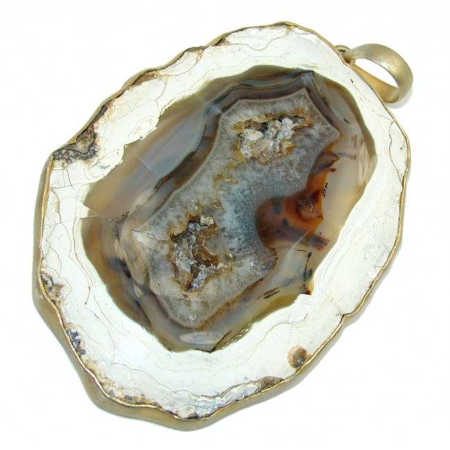 Huge! Classic Brown Agate Druzy Sterling Silver Pendant