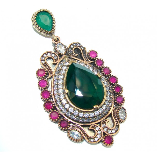 Large! Victorian Style Red Ruby & Emerald & White Topaz Sterling Silver Pendant