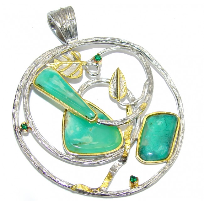 Beautiful AAA Green Chrysophrase, Two Tones Sterling Silver Pendant