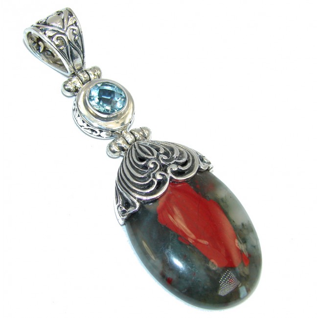 Handcrafted Bali Made Moss Agate & Blue Topaz Sterling Silver Pendant