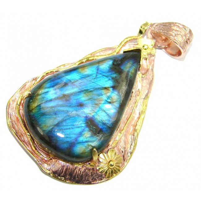 Big! Stunning AAA Blue Fire Labradorite, Rose & Gold Plated Sterling Silver Pendant