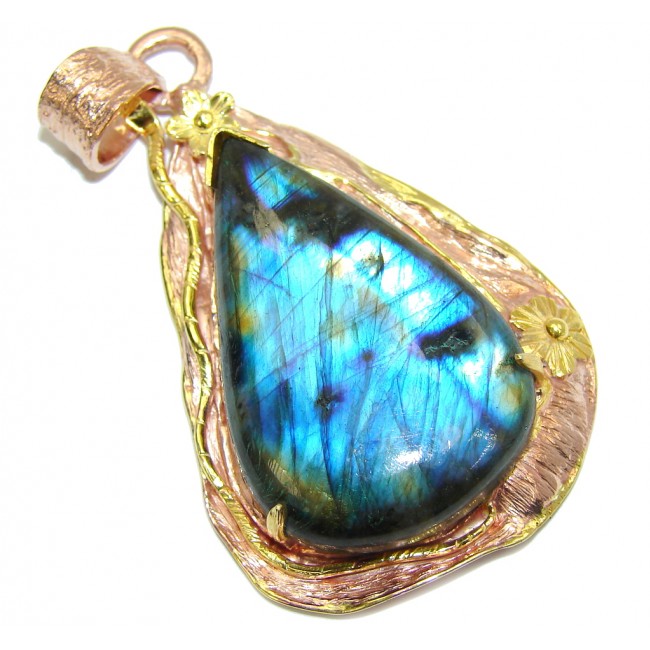 Big! Stunning AAA Blue Fire Labradorite, Rose & Gold Plated Sterling Silver Pendant