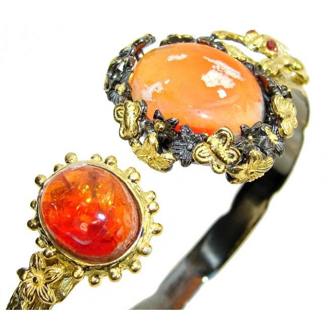 Bohemian Style Beautiful AAA Mexican Fire Opal Gold Rhodium plated Sterling Silver Bracelet / Cuff