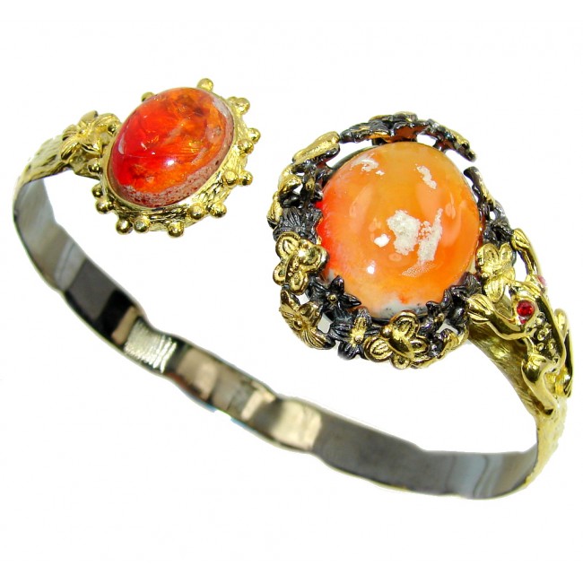 Bohemian Style Beautiful AAA Mexican Fire Opal Gold Rhodium plated Sterling Silver Bracelet / Cuff