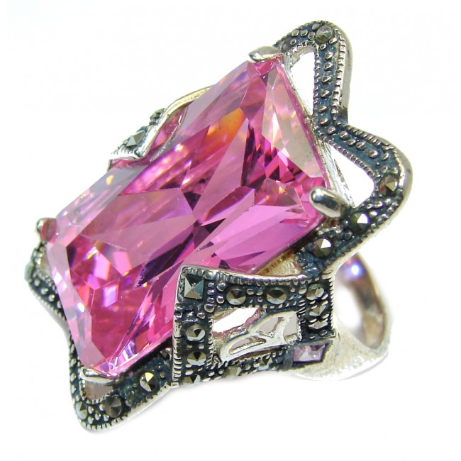 Big! Created Pink Sapphire & Marcasite Sterling Silver Ring s. 7