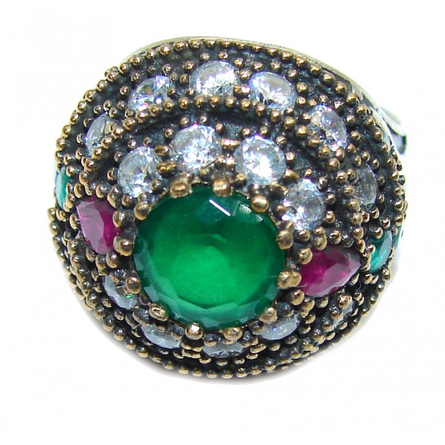 Victorian Style! Created Emerald & White Topaz Sterling Silver Ring s. 9