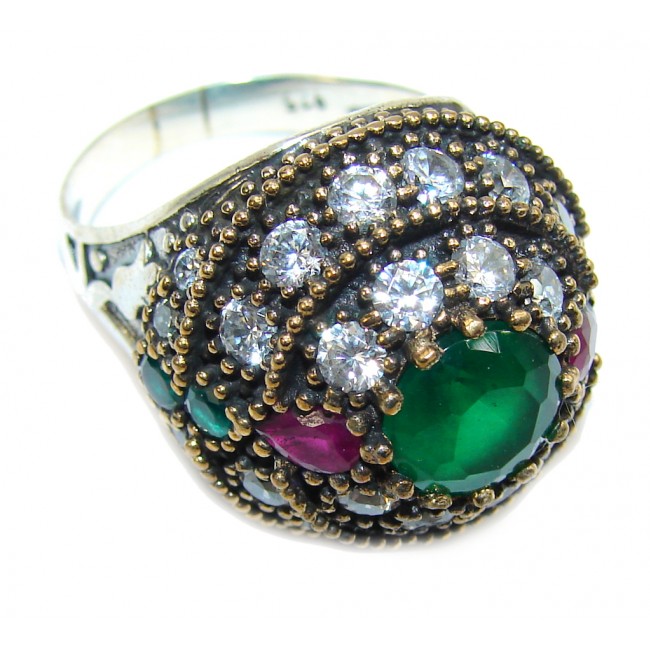 Victorian Style! Created Emerald & White Topaz Sterling Silver Ring s. 9