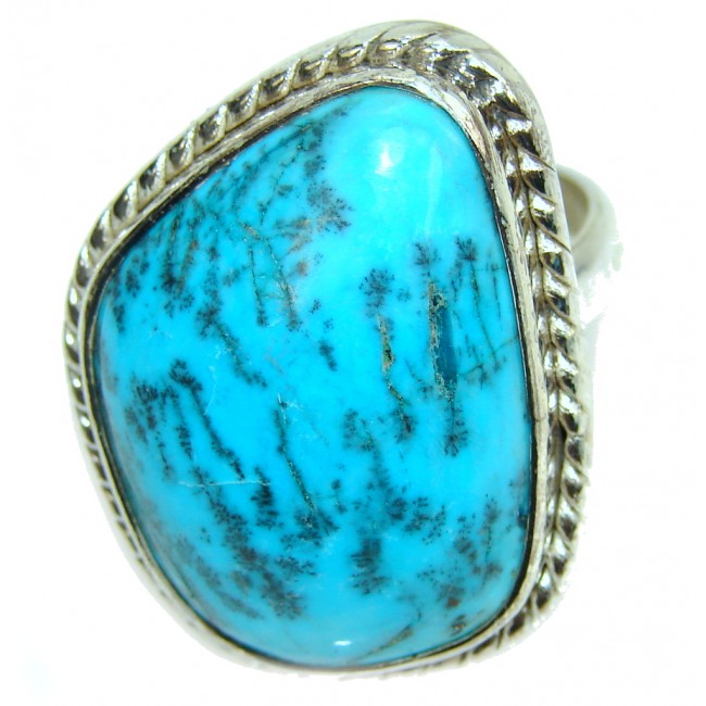 Perfect Blue Turquoise with Dendritic insertion Sterling Silver Ring s. 10