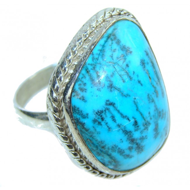 Perfect Blue Turquoise with Dendritic insertion Sterling Silver Ring s. 10