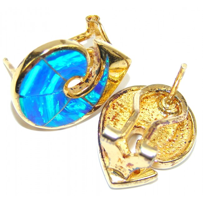 Ocean Beauty Blue Japanese Fire Opal, Gold Plated Sterling Silver earrings