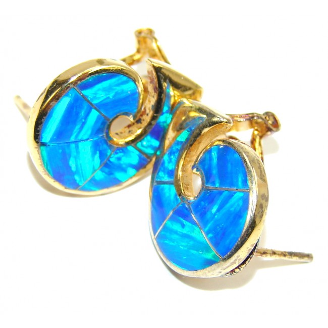 Ocean Beauty Blue Japanese Fire Opal, Gold Plated Sterling Silver earrings
