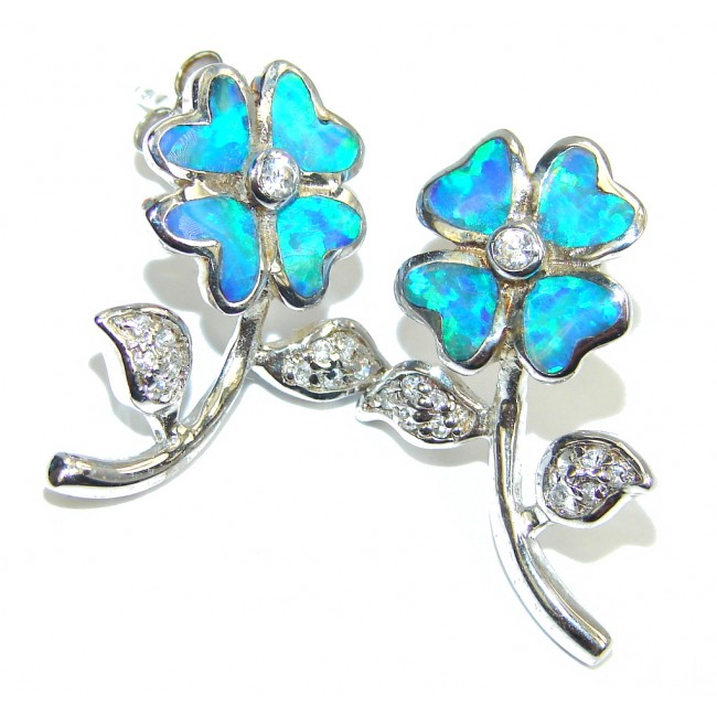 Lucky Flower Blue Japanese Fire Opal Sterling Silver earrings