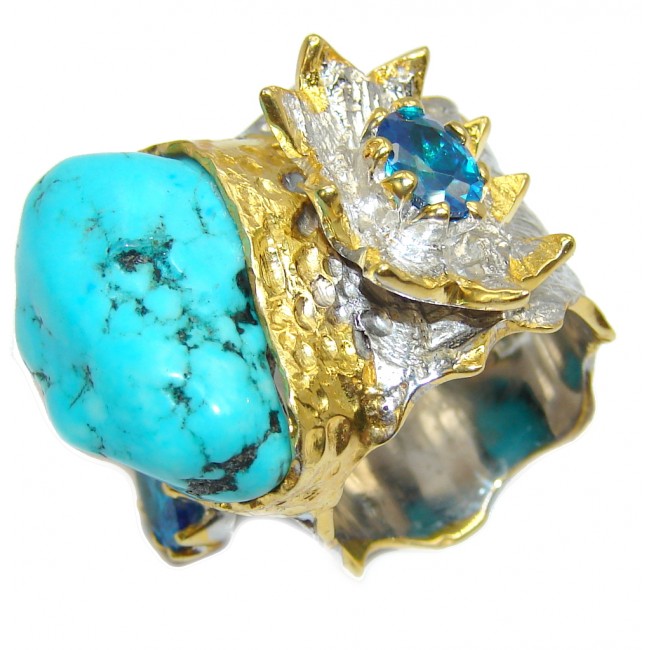 Big! Classic Beauty Blue Turquoise, Two Tones Sterling Silver Ring s. 6