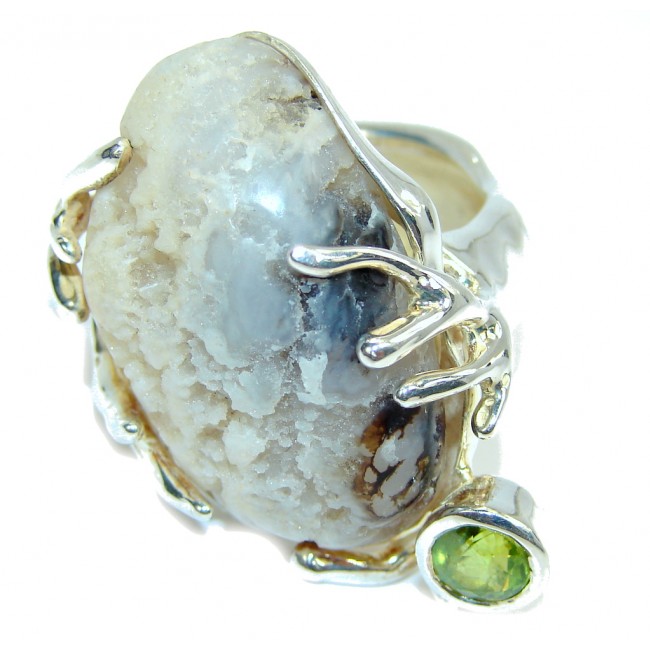 Large! Fashion Rough Montana Agate & Peridot Sterling Silver Ring s. 10