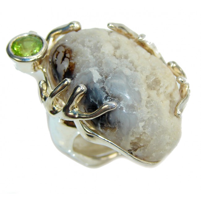 Large! Fashion Rough Montana Agate & Peridot Sterling Silver Ring s. 10