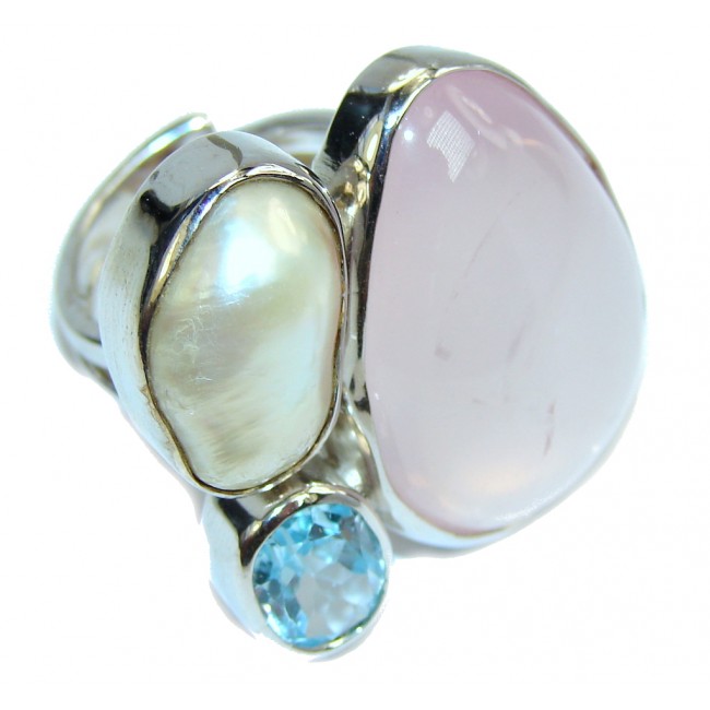 Big! Amazing Rose Quartz & Blister Pearl & Swiss Blue Topaz Sterling Silver Ring s. 7 - adjustable