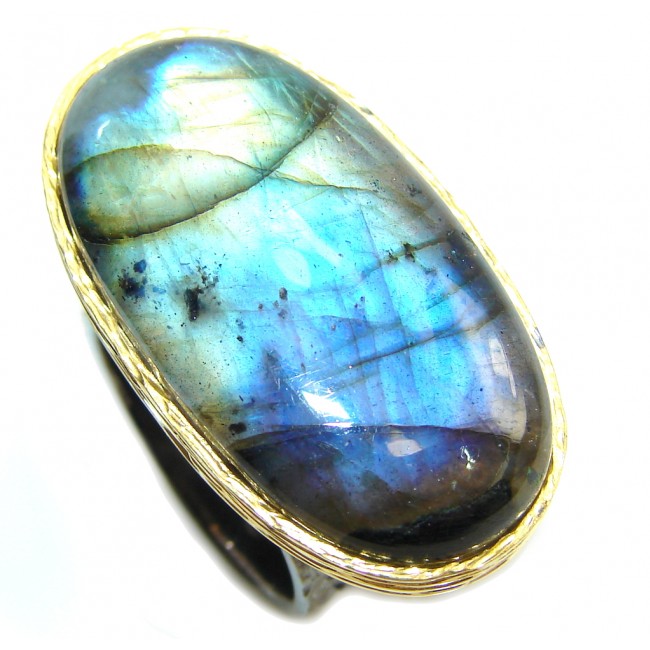 Big! Natural AAA Fire Labradorite, Gold Plated, Rhodium Plated Sterling Silver ring s. 7