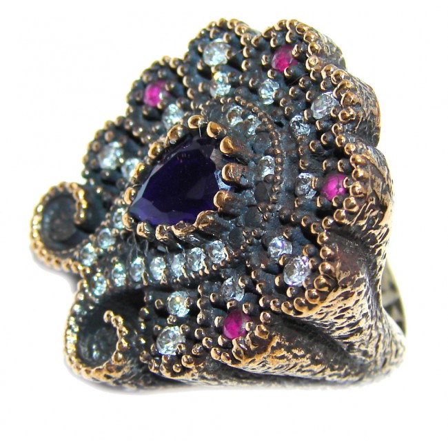 Victorian Style! Royal Blue Sapphire & Ruby & White Topaz Sterling Silver Ring s. 6