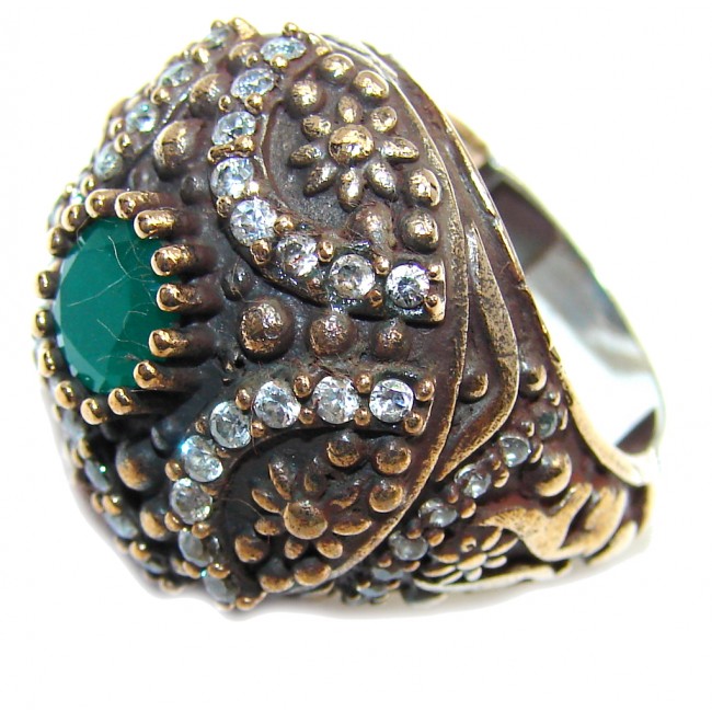 Victorian Style! Green Emerald & White Topaz Sterling Silver Ring s. 7