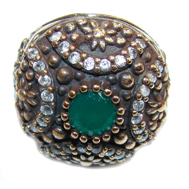 Victorian Style! Green Emerald & White Topaz Sterling Silver Ring s. 7
