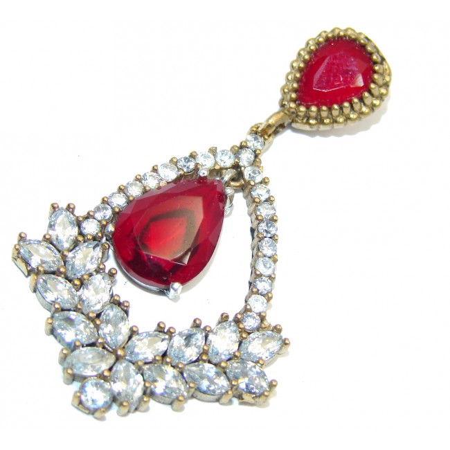 Victorian Style Created Red Ruby & White Topaz Sterling Silver Pendant