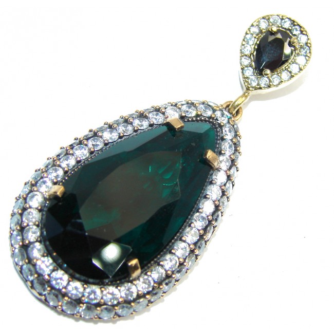 Victorian Style Created Emerald & White Topaz Sterling Silver Pendant