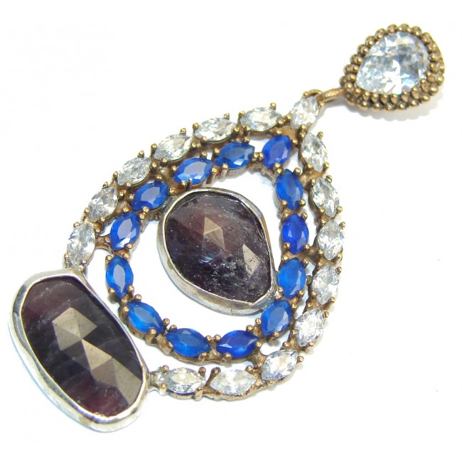 Victorian Style Untreated Ruby & Sapphire & White Topaz Sterling Silver Pendant