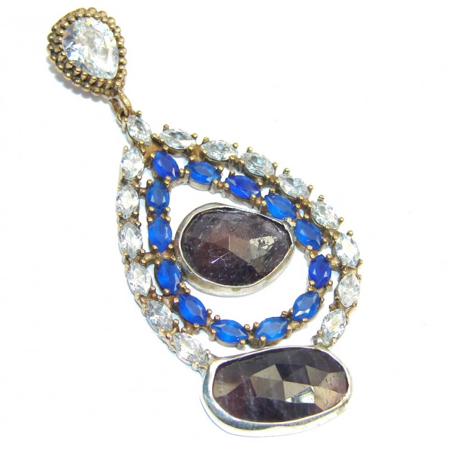 Victorian Style Untreated Ruby & Sapphire & White Topaz Sterling Silver Pendant