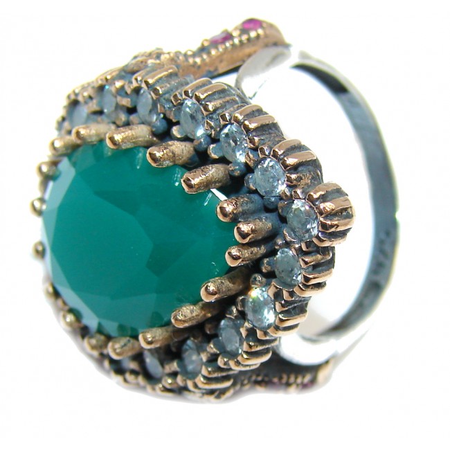 Victorian Style! Green Emerald & White Topaz Sterling Silver Ring s. 9 1/2