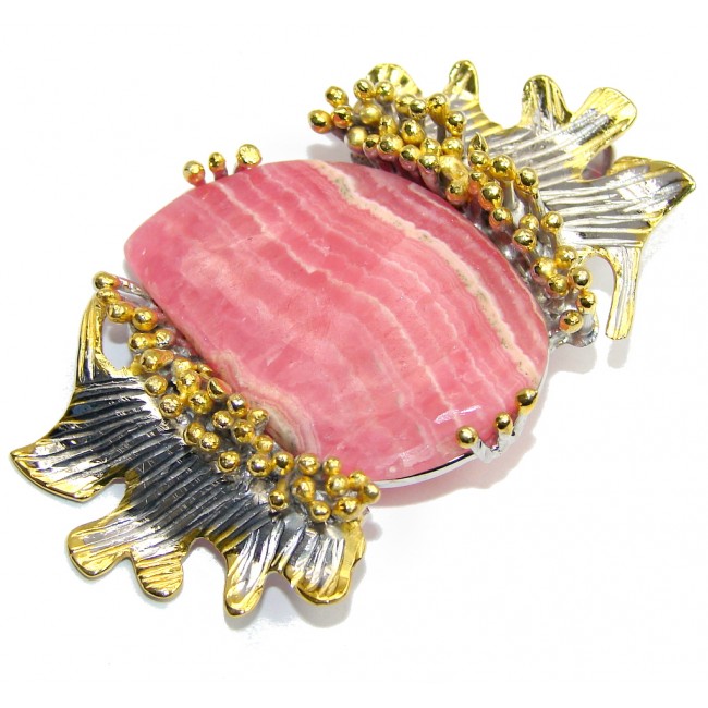 Bali Style! Pink Rhodochrosite, Two Tones Sterling Silver Pendant