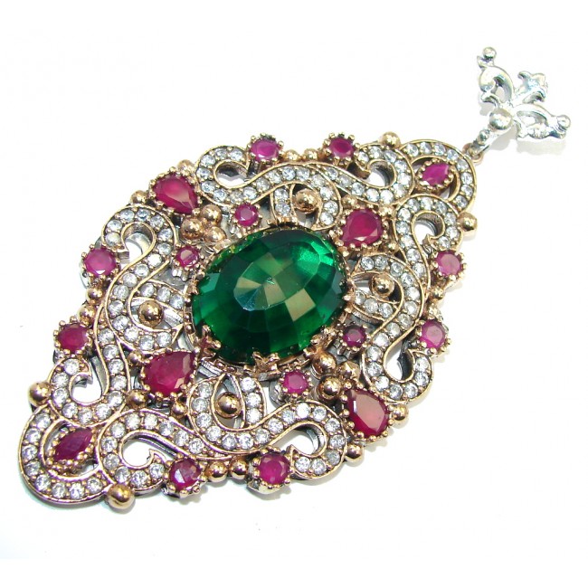 Large! Victorian Style Created Emerald & Ruby & White Topaz Sterling Silver Pendant