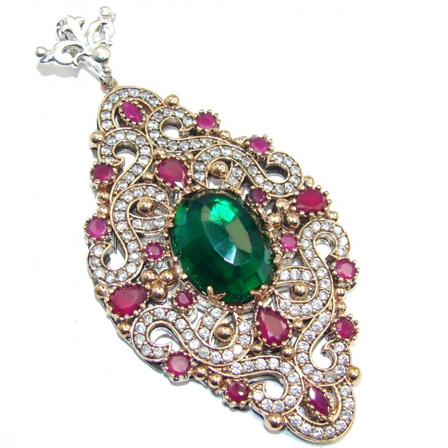 Large! Victorian Style Created Emerald & Ruby & White Topaz Sterling Silver Pendant