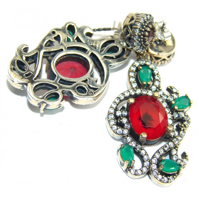 Victorian Style! Red Ruby & Emerald & White Topaz Sterling Silver earrings