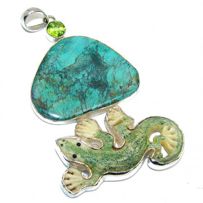 Large! Always Lucky Lizard Fashion Style Blue Turquoise Sterling Silver Pendant