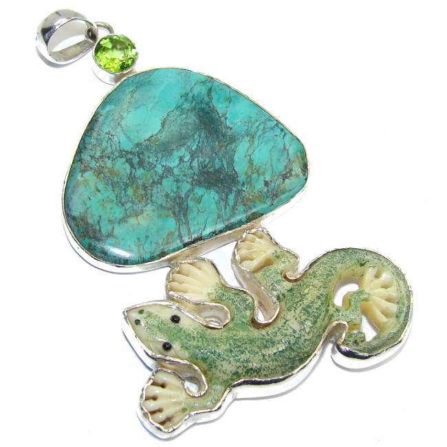 Large! Always Lucky Lizard Fashion Style Blue Turquoise Sterling Silver Pendant
