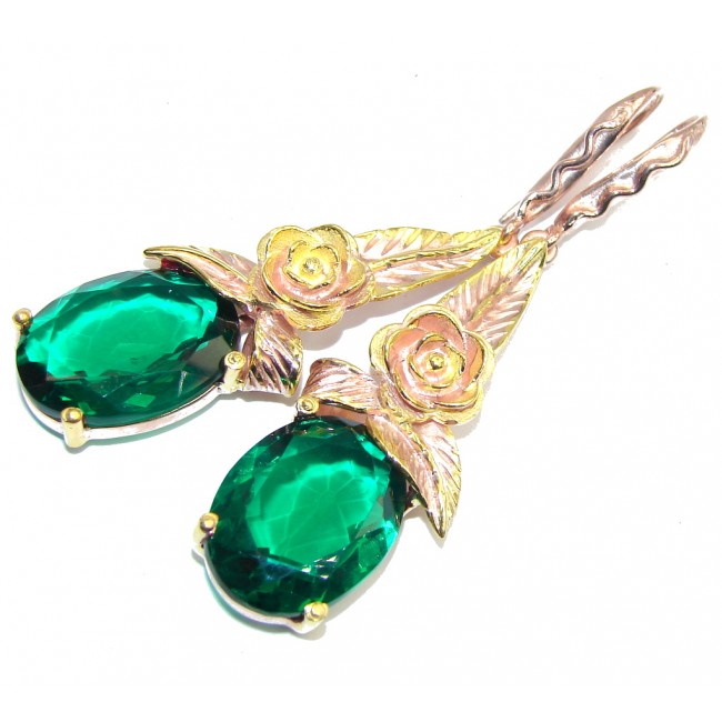 Stunning Created Emerald, Rose & Gold Plated Sterling Silver earrings / Long
