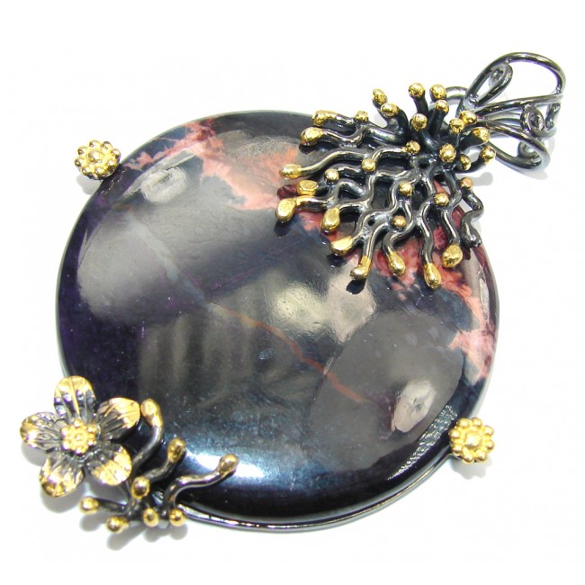 Amazing Black Rhodonite Gold plated Sterling Silver Pendant