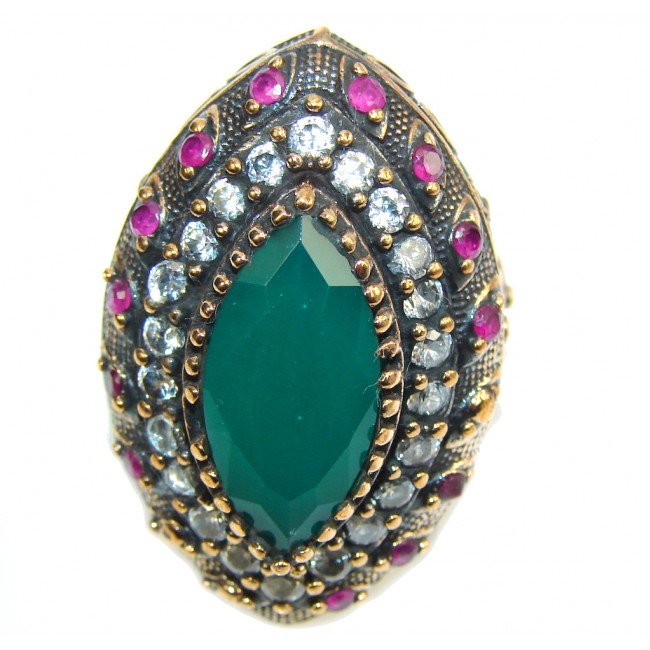 Victorian Style! Green Emerald & White Topaz Sterling Silver Ring s. 7 1/4