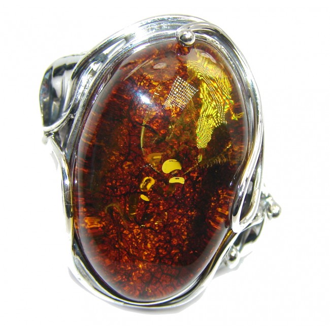 Big! Genuine AAA Brown Polish Amber Sterling Silver Ring s. 7 1/2